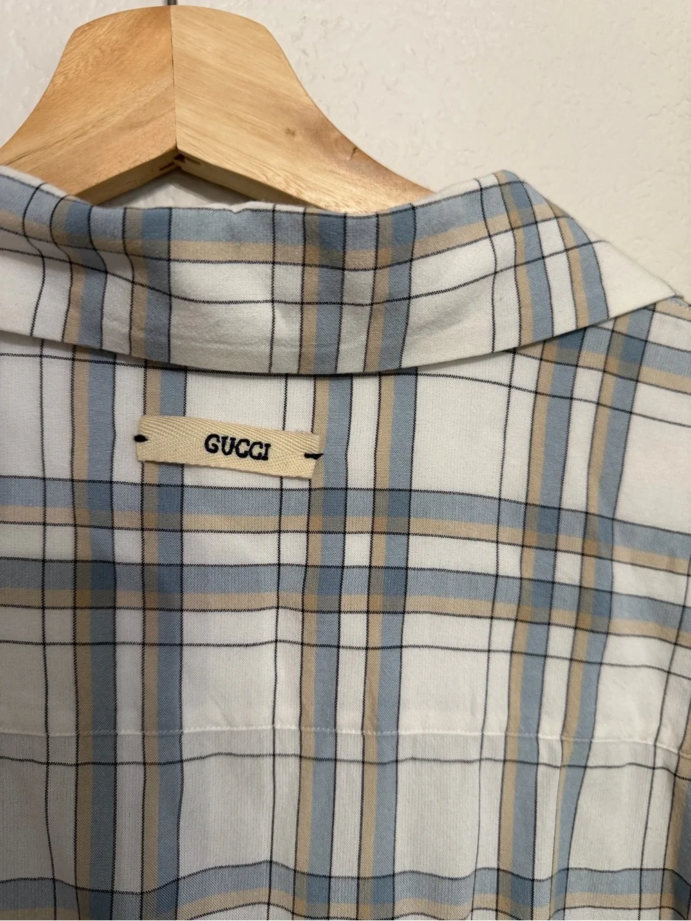 Gucci Plaid Short-Sleeve Button-Up in Light Blue and Cream